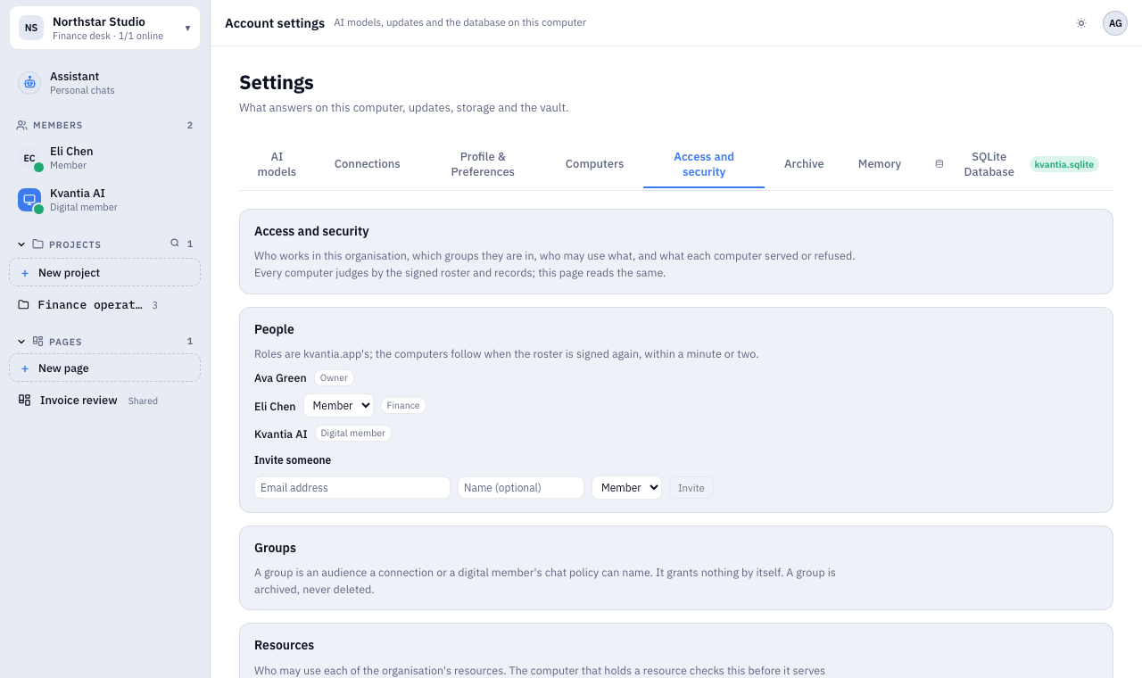 Kvantia access and security settings with people, groups and resources