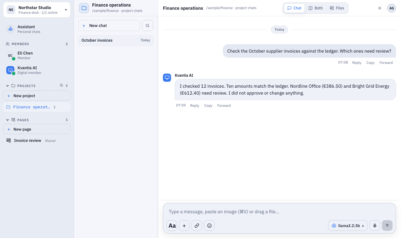 Kvantia project chat with a supplier invoice question and a digital member reply
