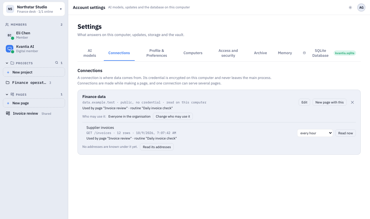 Kvantia connections settings with a finance data source and supplier invoice query