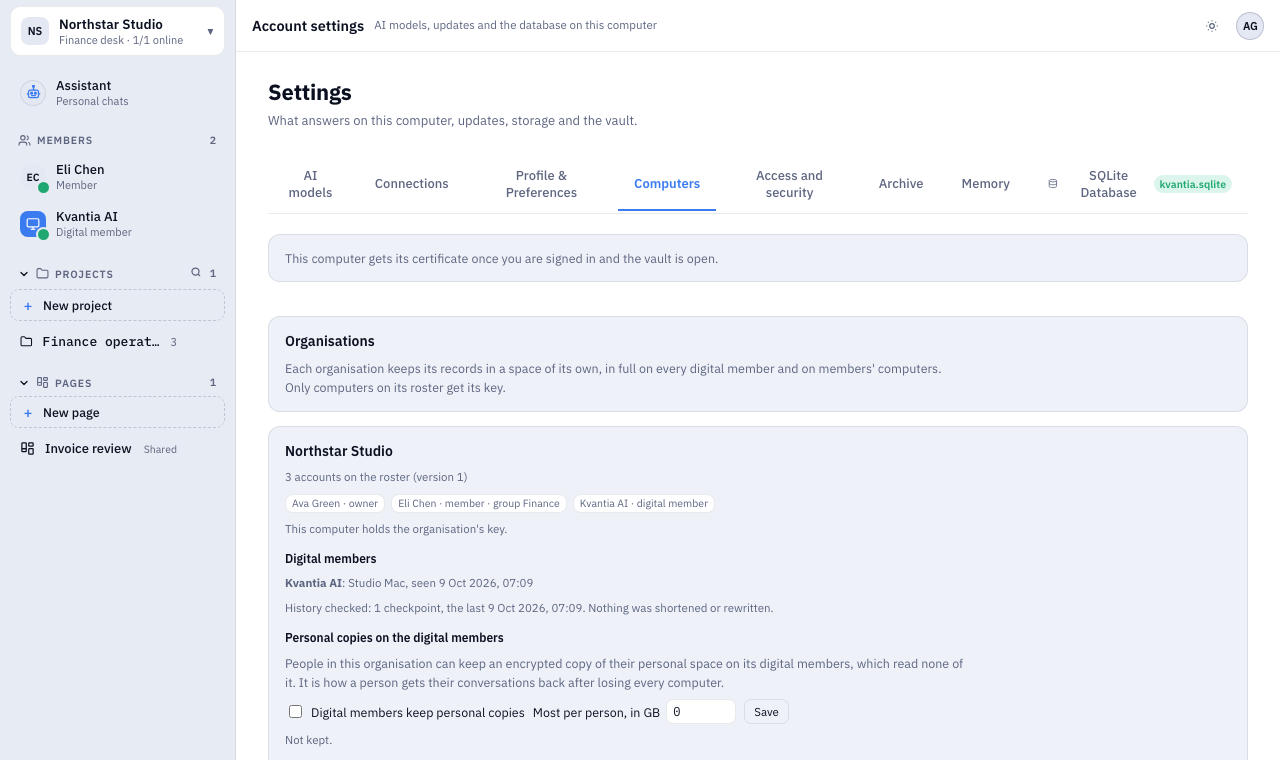 Kvantia computers settings with an organisation roster and digital member device