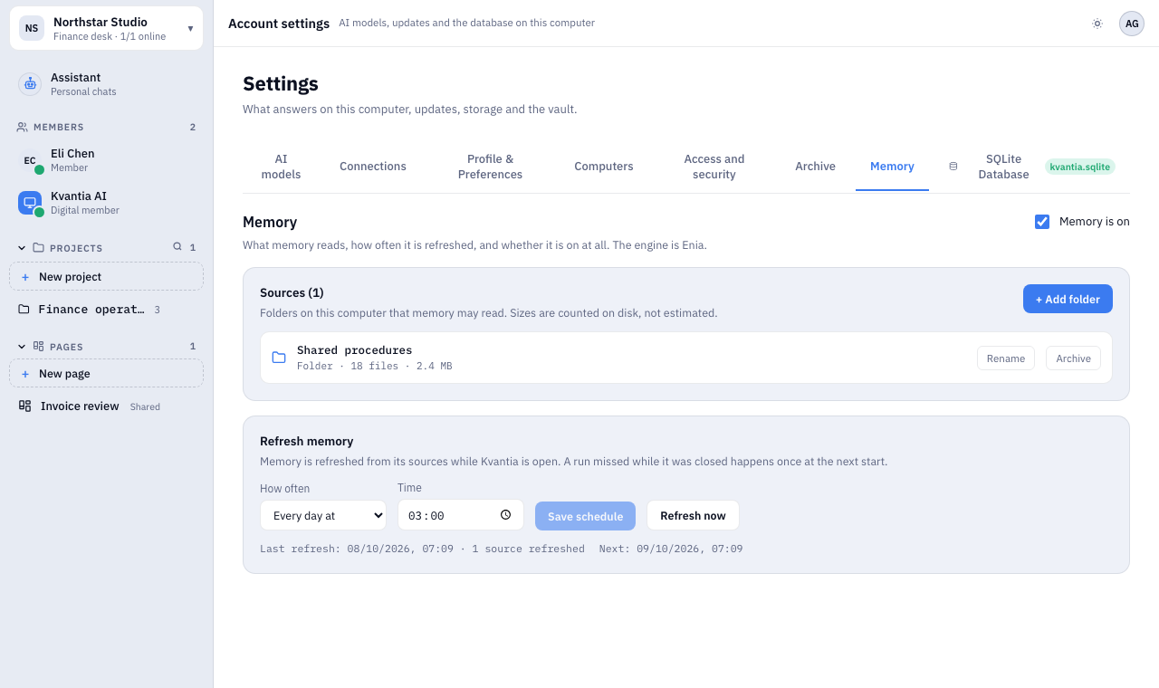 Kvantia memory settings with a source folder and refresh schedule