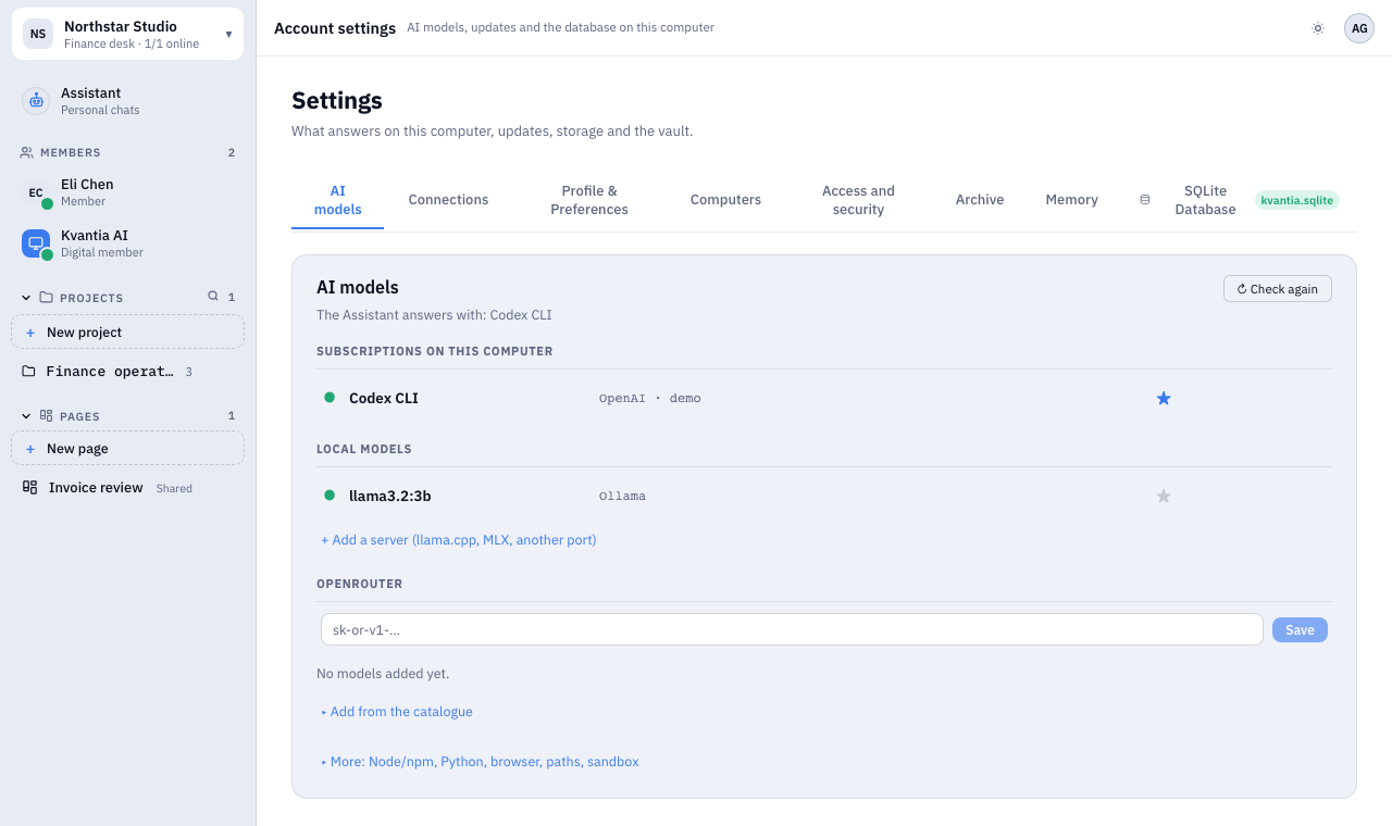 Kvantia AI models settings showing a local model and model sources