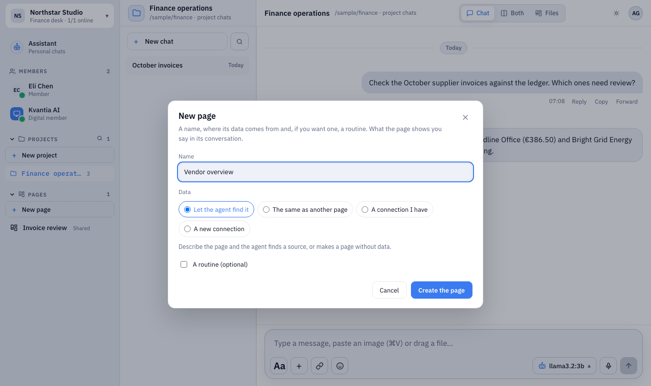Kvantia new page dialog with data source choices