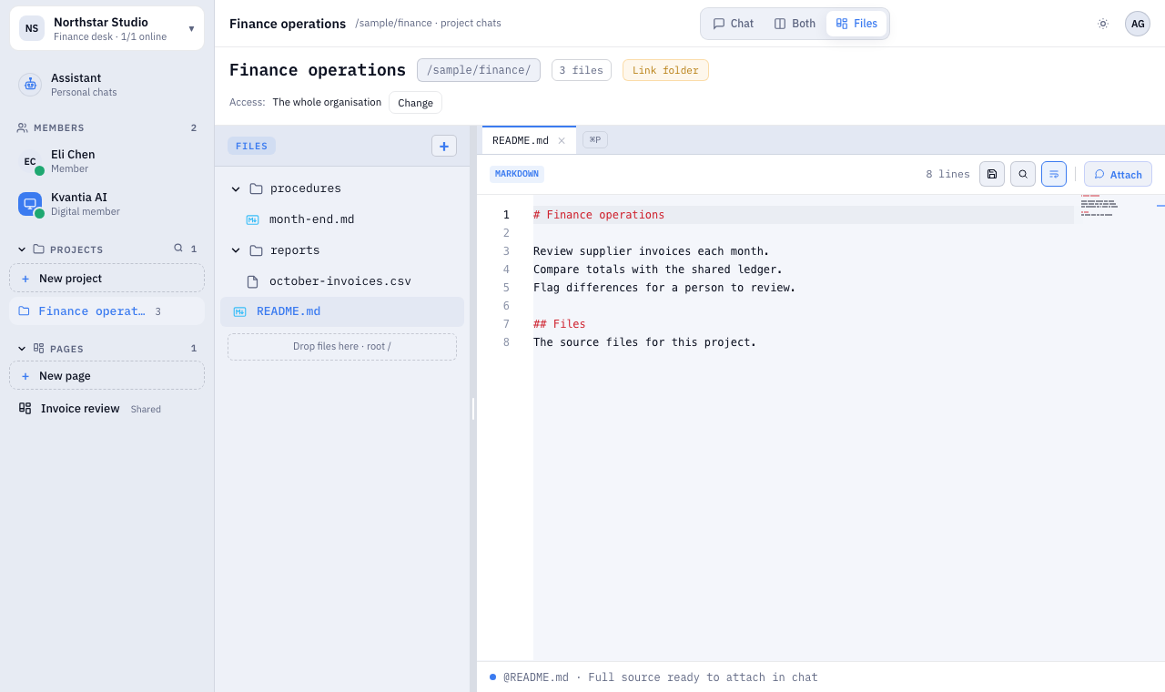 Kvantia project file tree and editor showing a Markdown file