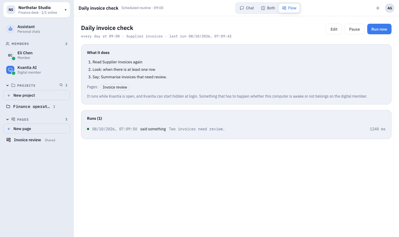 Kvantia routine view with a daily invoice check and run history