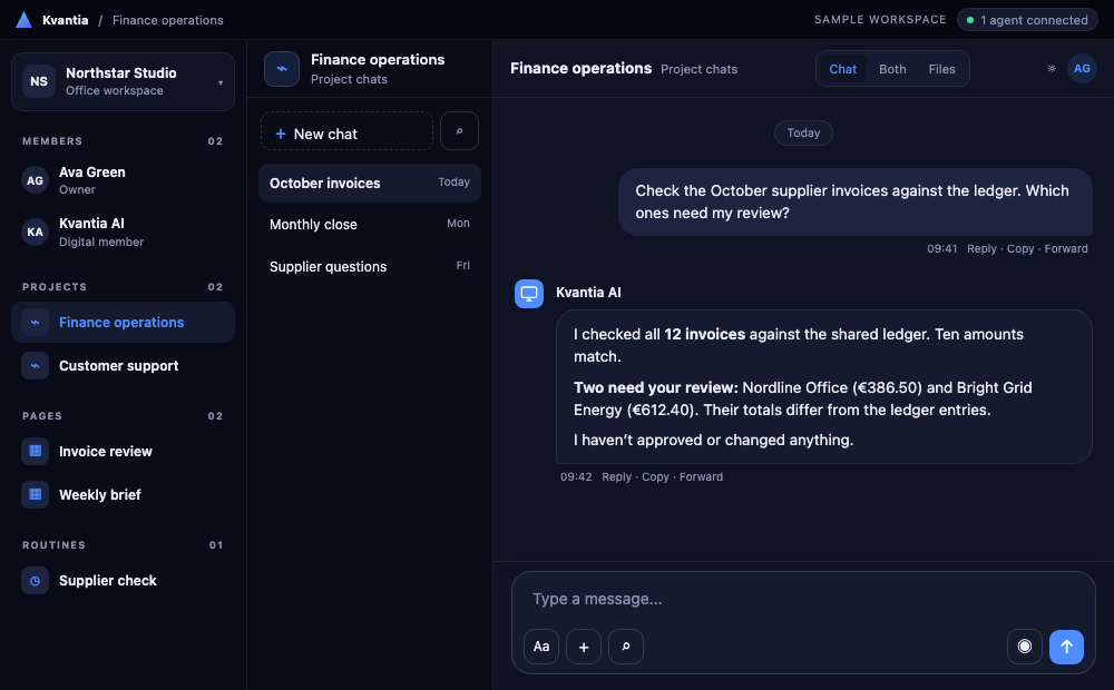 Illustrative Kvantia app with workspace navigation, a chat list, and an invoice review conversation.