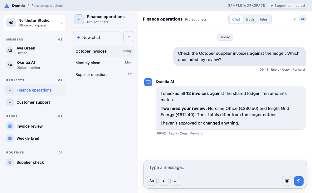 Illustrative Kvantia app with workspace navigation, a chat list, and an invoice review conversation.